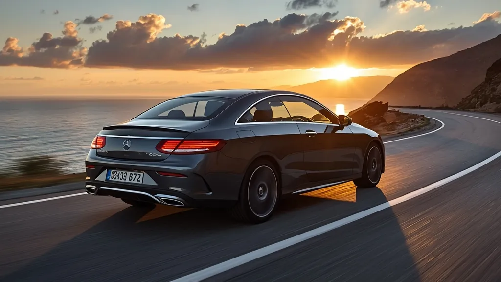 Elegant Mercedes E250 Coupe C207 facelift model showcasing its pillarless design on a scenic road.