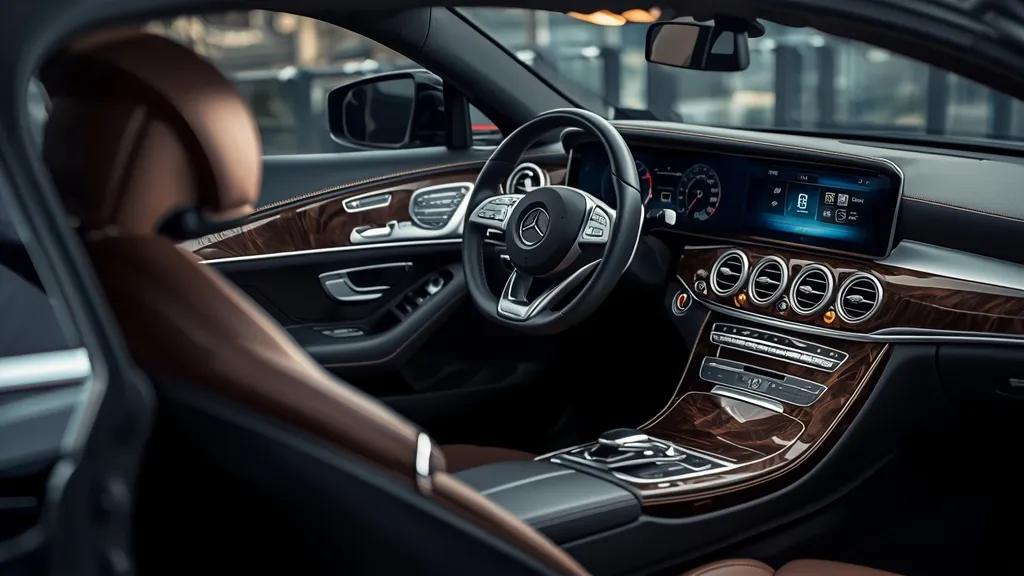 Luxurious interior of a Mercedes E250 Coupe C207, highlighting premium materials and classic design.