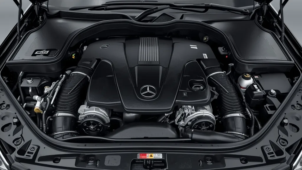 Mercedes E250 CDI Coupe engine bay, detailing the 2.1-liter OM651 diesel engine for performance.