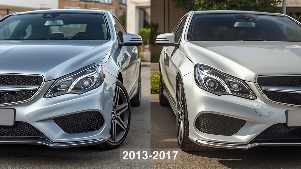 Side-by-side comparison of pre-facelift and facelift Mercedes E250 Coupe C207 models, highlighting design changes.