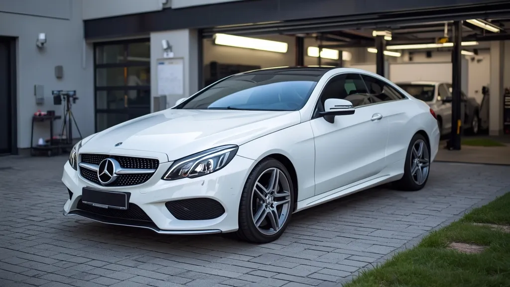 Mercedes E250 Coupe C207 parked outside a garage, symbolizing used car inspection and maintenance.