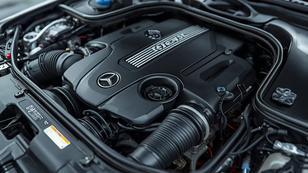 Mercedes E250 diesel engine bay, showing components related to common issues like AdBlue and DPF.