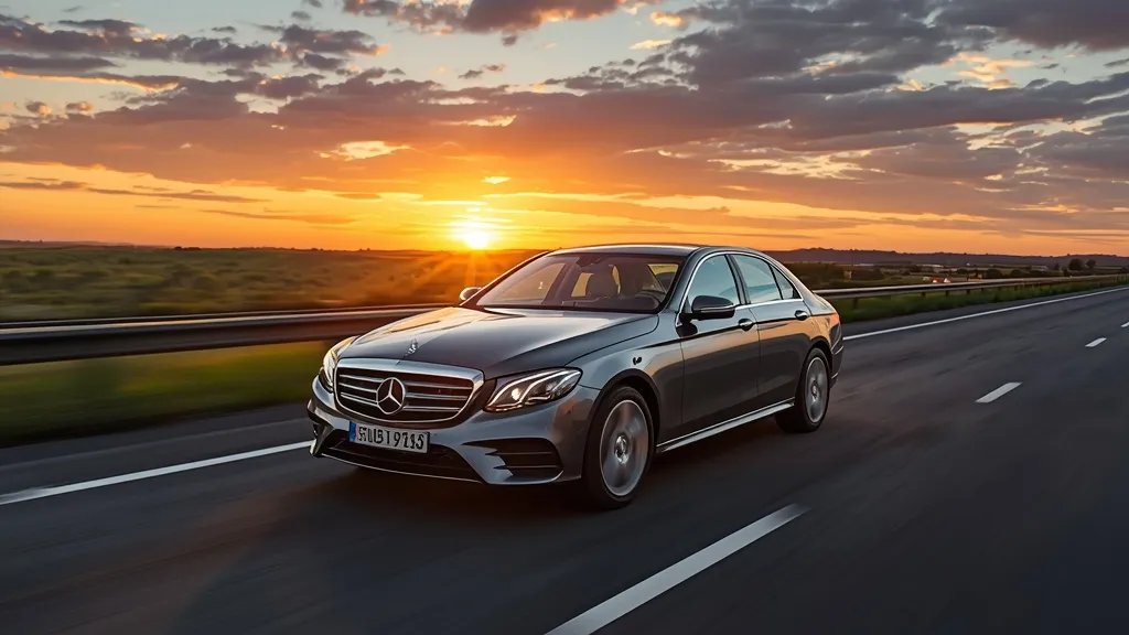 Mercedes E250 Sedan cruising on open highway, emphasizing fuel economy and comfortable long-distance travel.