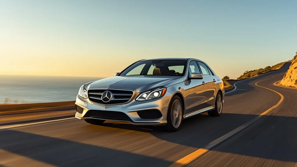 A sleek, silver Mercedes E250 W212 facelift model driving on a scenic coastal road at sunset, showcasing its elegant design.