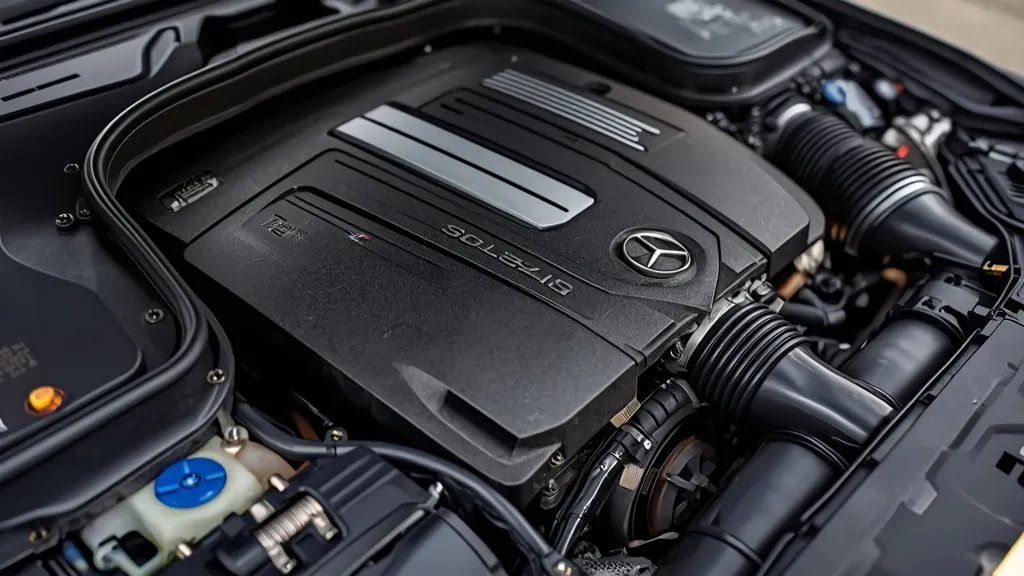 Close-up view of the OM651 2.1L turbodiesel engine in a Mercedes E250 W212, highlighting its engineering.