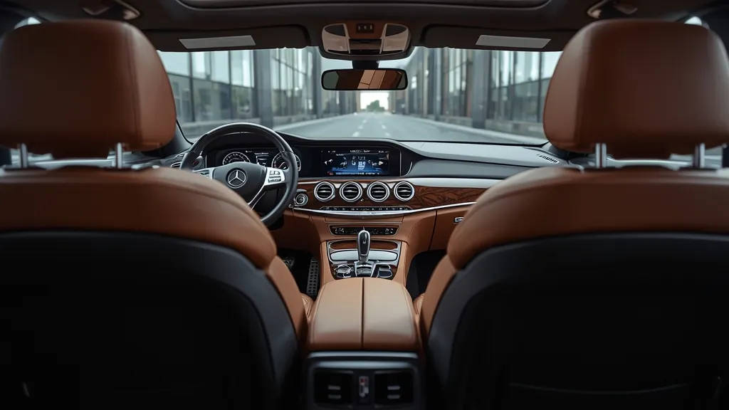 Luxurious interior of a Mercedes E250 W212, featuring leather seats, wood trim, and COMAND infotainment system.