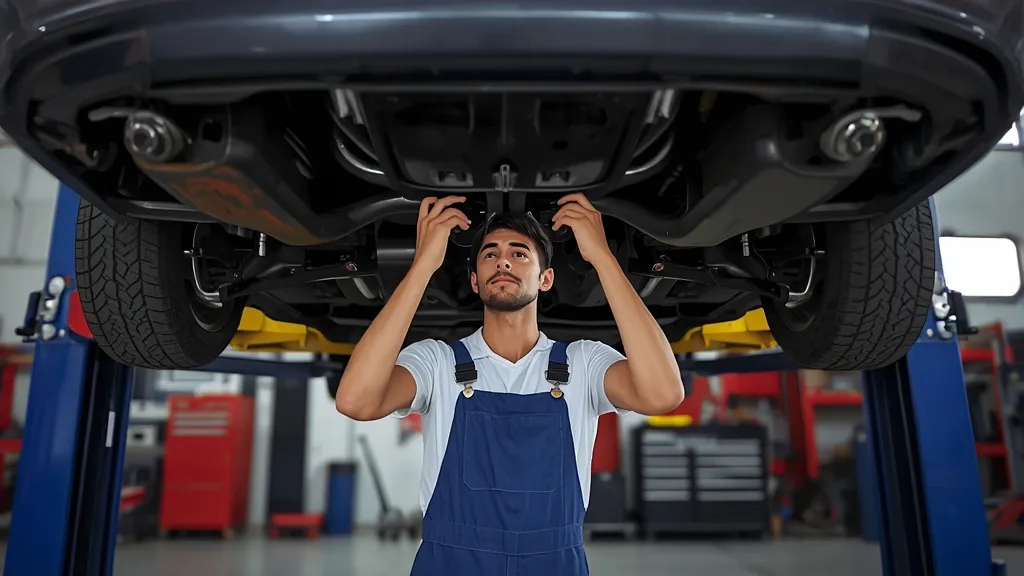 Mechanic inspecting the Airmatic suspension components or underbody of a Mercedes E250 W212 on a lift.