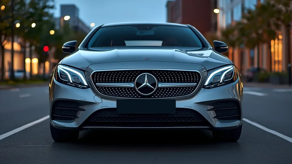 Mercedes E300 2024 front view showcasing its elegant grille and sleek LED headlights.