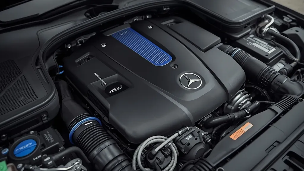 Detailed view of the Mercedes E300 2024 48V mild-hybrid engine system.