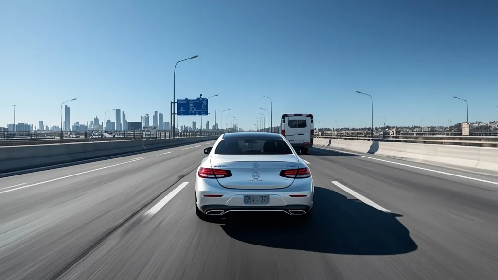 Mercedes E300 2024 demonstrating Advanced driver assistance systems (ADAS) on a highway.