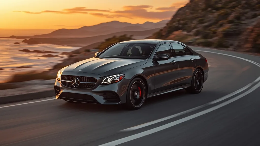 2025 Mercedes E300 AMG Line sedan in dynamic cornering, showcasing aggressive styling and sporty wheels.