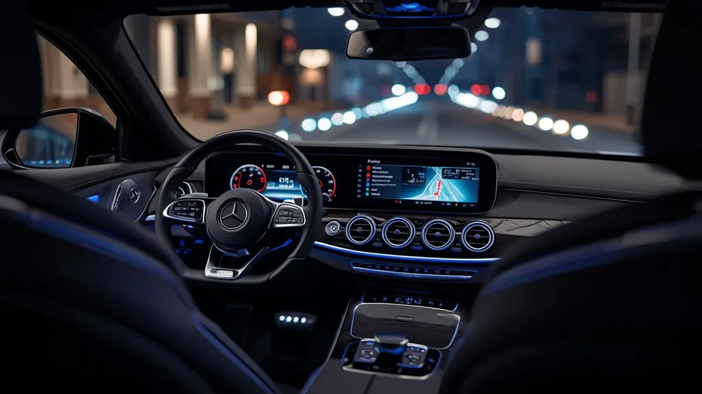 Mercedes E300 AMG Line interior with MBUX Superscreen, digital cockpit, and ambient lighting.