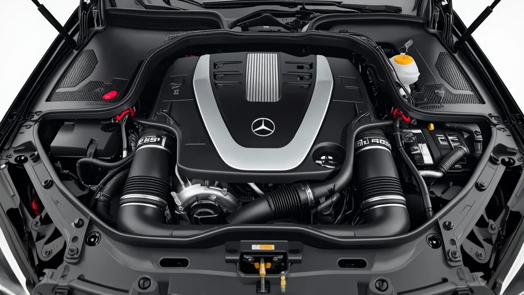 Mercedes E300 AMG Line engine bay, highlighting 2.0L turbo engine and EQ Boost mild-hybrid technology.