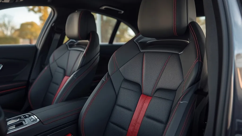 Mercedes E300 AMG Line sport seats in ARTICO leather, with contrasting stitching and ergonomic design.