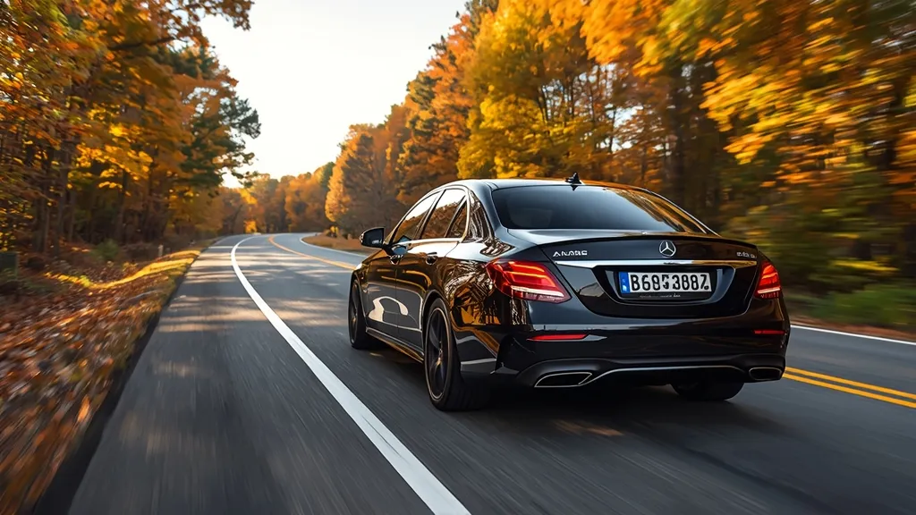 Mercedes E300 AMG Line cruising on a scenic highway, showcasing its executive presence and elegant lines.
