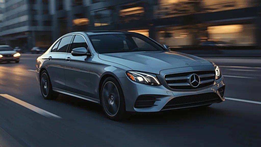 Elegant silver Mercedes E300 W213 sedan driving on a city street, showcasing its sophisticated design.