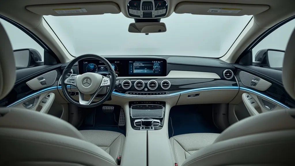 Luxurious interior of a Mercedes E300 W213 with dual screens, premium leather, and ambient lighting.