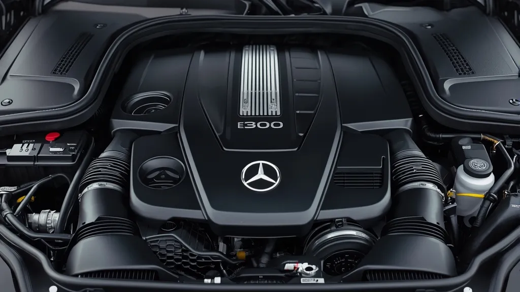 Close-up of the 2.0L turbocharged engine bay in a Mercedes E300 W213, highlighting its engineering.