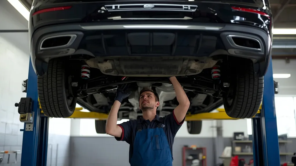 Mechanic inspecting the suspension of a used Mercedes E300 W213 on a lift for common problems.