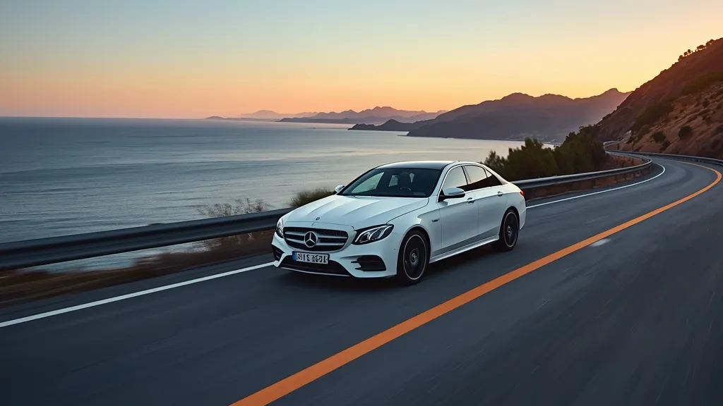 Mercedes E300 W213 cruising comfortably on a scenic coastal highway, demonstrating suspension comfort.