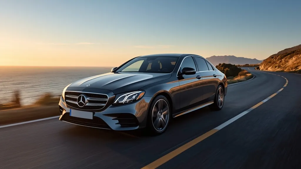Elegant Mercedes E300 W214 sedan showcasing sleek design and modern LED lighting on a scenic road.
