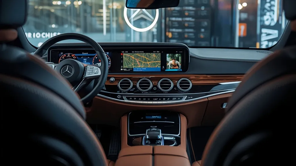 Mercedes E300 W214 MBUX Superscreen interior displaying advanced digital infotainment and passenger display.