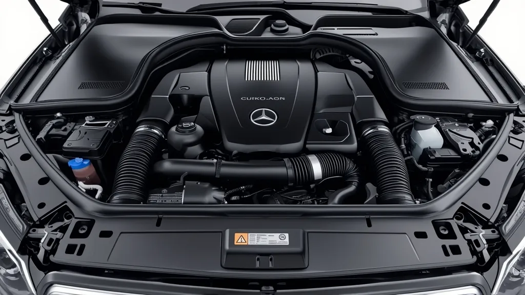 Close-up of the Mercedes E300 W214 2.0L mild-hybrid engine, highlighting efficient powertrain technology.