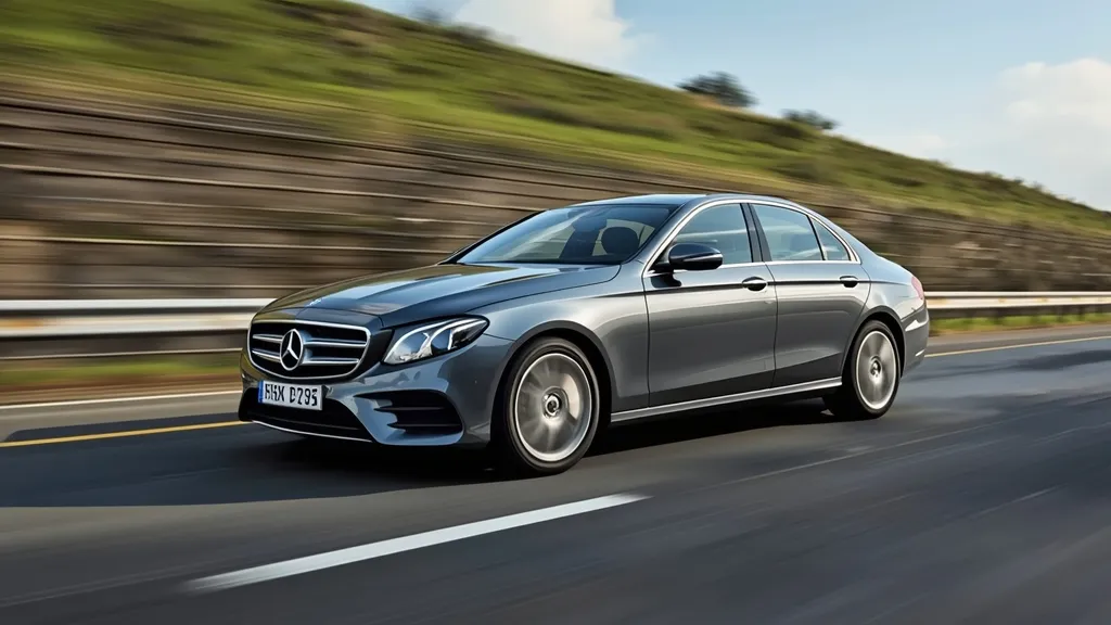 Dynamic shot of the Mercedes E300 W214 cruising smoothly on a highway, showcasing ride comfort.