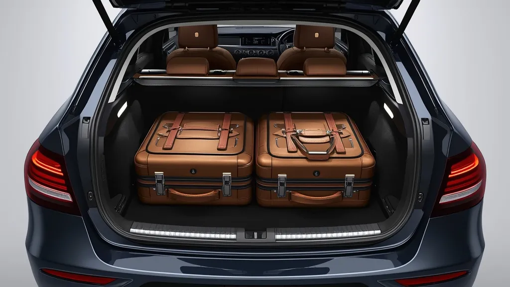 Spacious trunk of the Mercedes E300 W214, demonstrating practical cargo capacity for luggage.