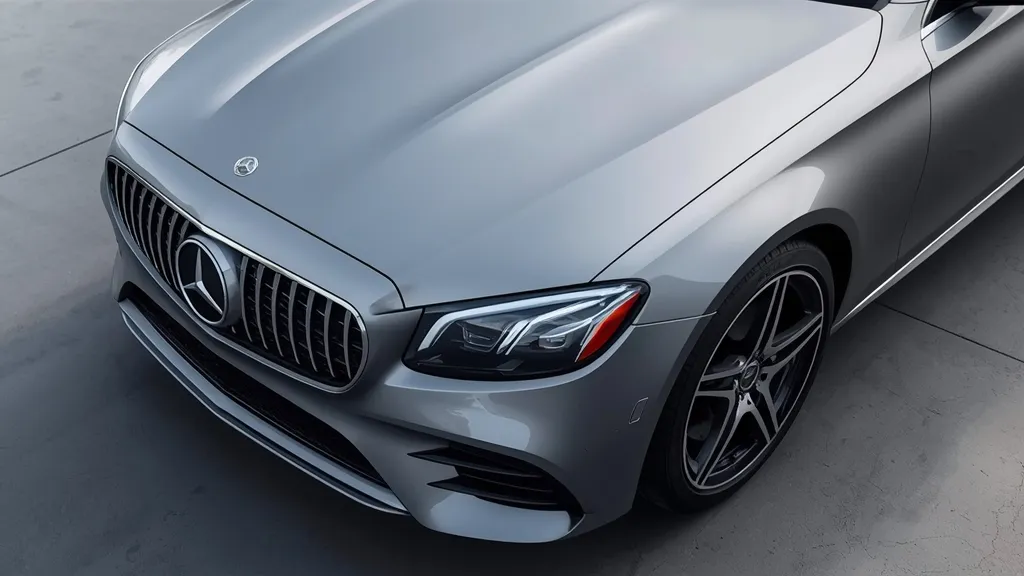 Front three-quarter view of the 2024 Mercedes E350, highlighting its sleek new headlights, grille design, and aerodynamic body.