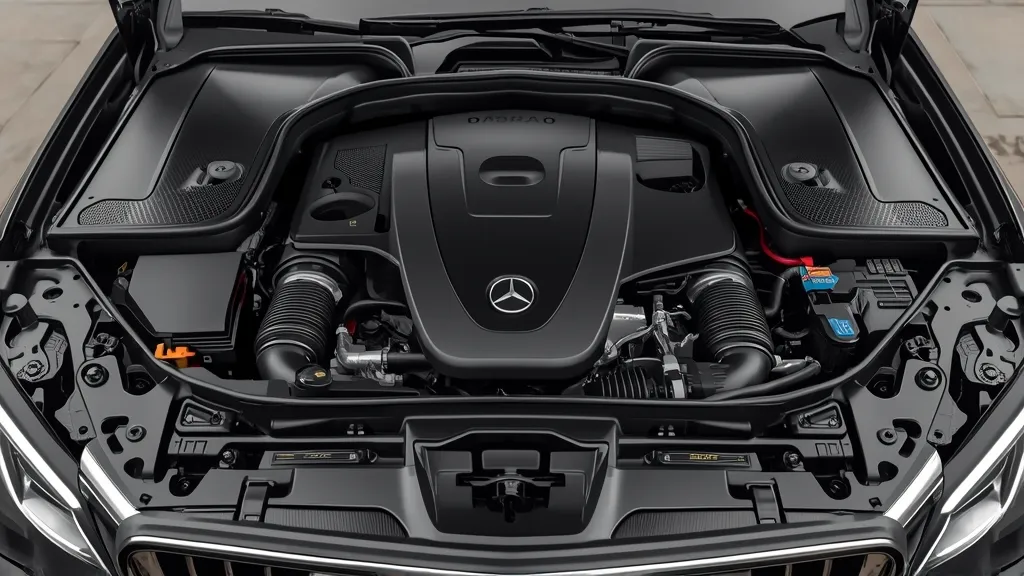 Mercedes E350 2024 engine bay, featuring the 2.0L turbocharged engine with visible 48-volt mild-hybrid components and integrated starter-generator.