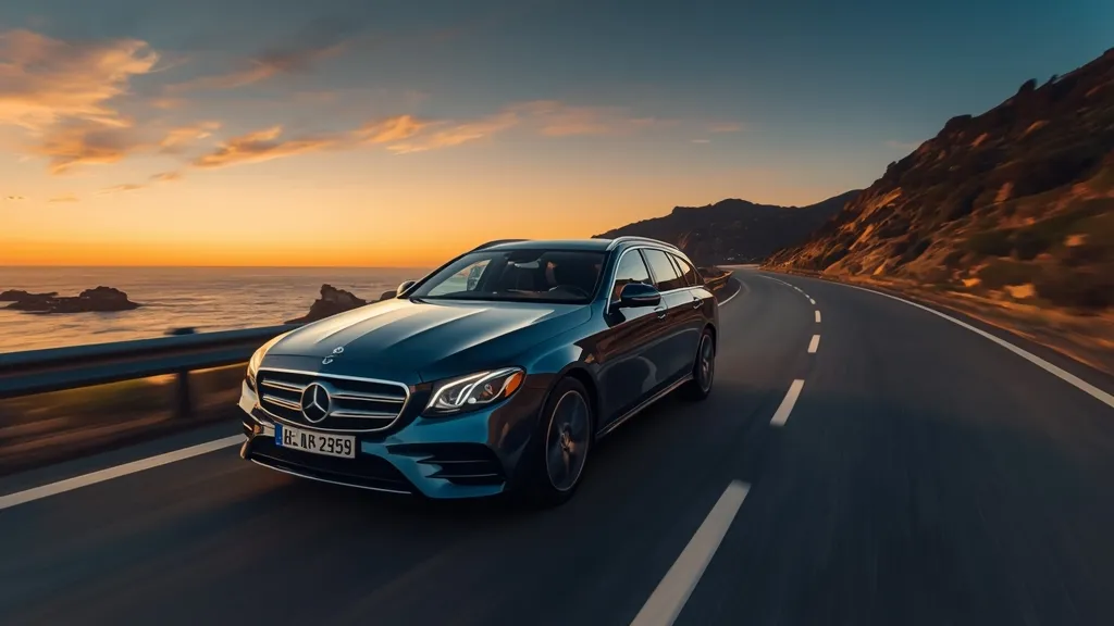 The 2024 Mercedes E350 gracefully cruising on a scenic coastal highway, demonstrating its comfortable ride and executive luxury.