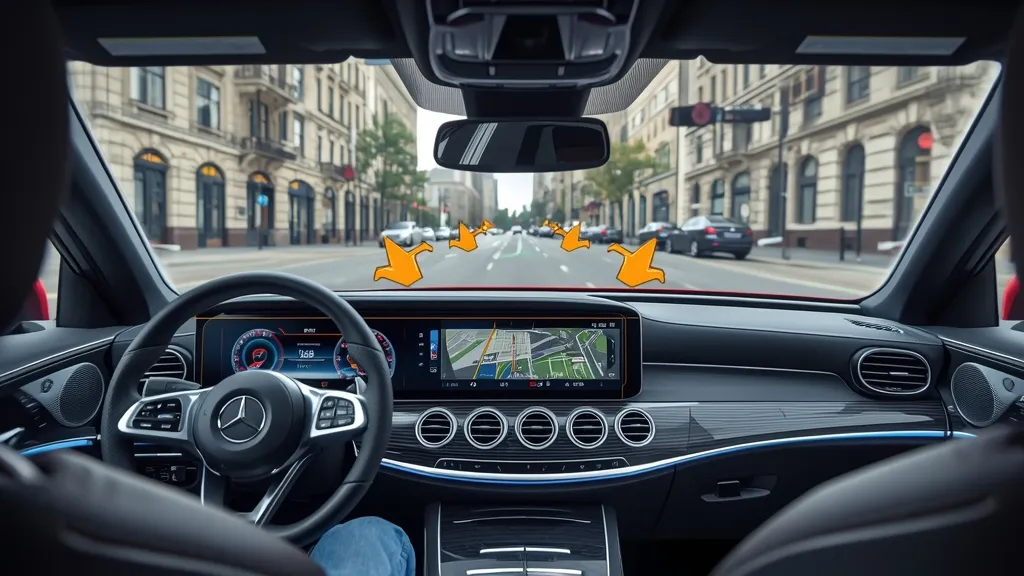 Driver perspective in the Mercedes E350 2024, showing augmented reality navigation overlaying directions on the road ahead for enhanced safety.