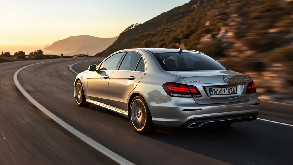 Facelifted W212 Mercedes E350 4MATIC sedan driving on a scenic road, showcasing its timeless design and luxury.