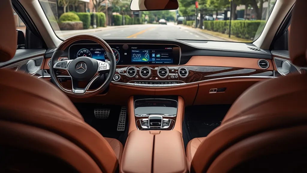 Luxurious interior of a Mercedes E350 4MATIC, featuring wood trim, comfortable leather seats, and the COMAND infotainment system.