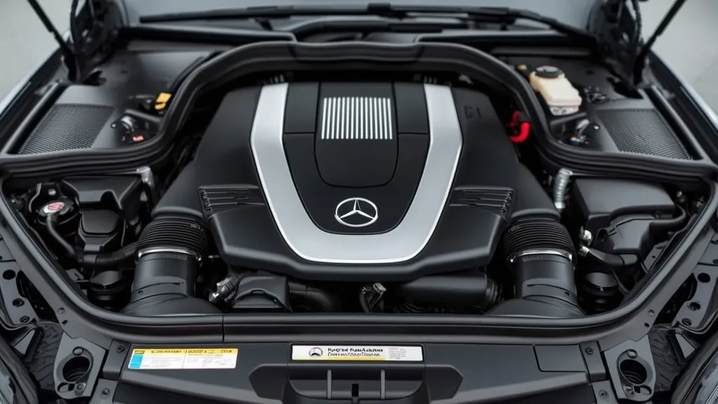 Mercedes M276 V6 engine bay in an E350 4MATIC, highlighting direct injection components and a clean, well-maintained layout.