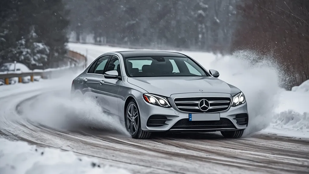 Mercedes E350 4MATIC navigating a snowy road, demonstrating the all-wheel-drive system's superior traction and safety in winter conditions.
