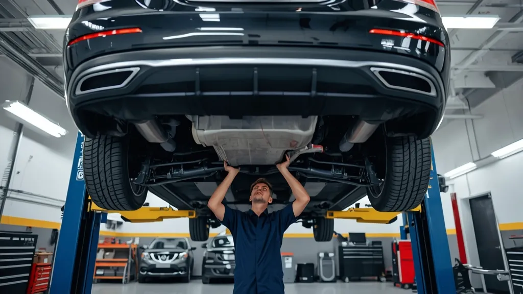 Mechanic performing a crucial pre-purchase inspection on a Mercedes E350 4MATIC, elevated on a lift, checking undercarriage components.