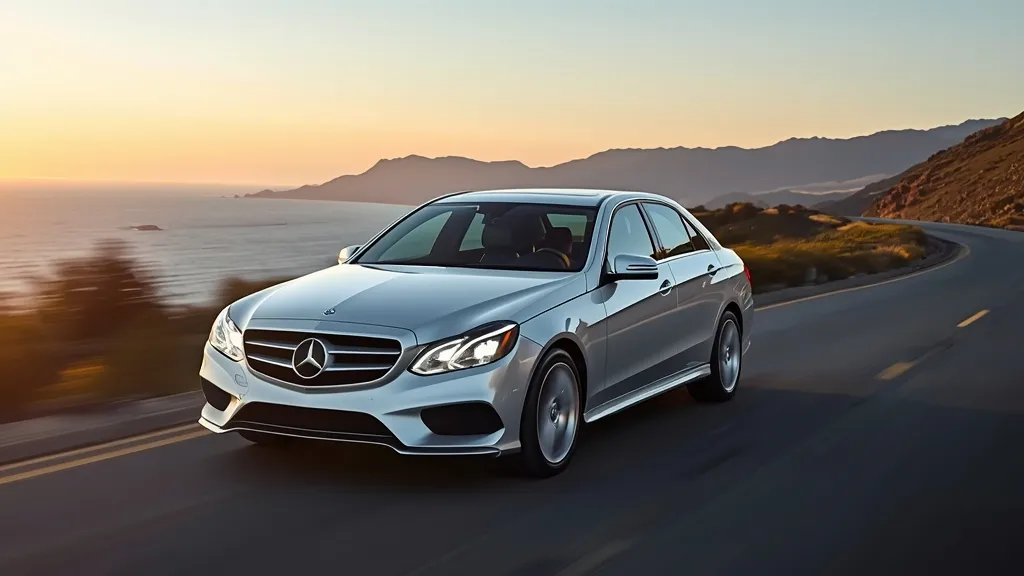 Mercedes E350 W212 facelift model cruising on a scenic highway, showcasing its elegant design.