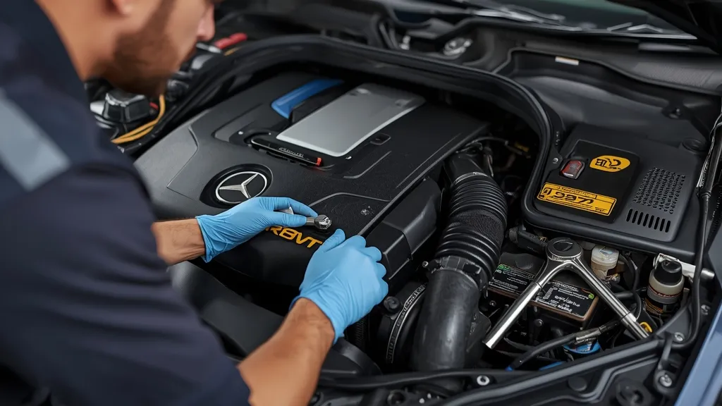 Mechanic inspecting the M272 engine in a Mercedes E350 W212, highlighting potential balance shaft issues.