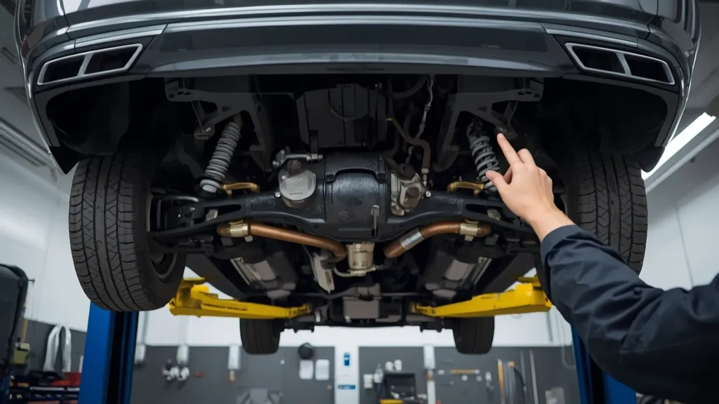 Mercedes E350 W212 on a lift, showing Airmatic suspension components during a repair or inspection.