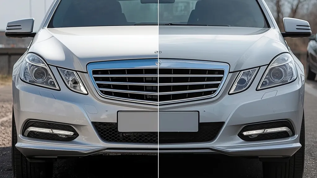 Comparison of pre-facelift and facelift Mercedes E350 W212 headlights side-by-side, showcasing design evolution.