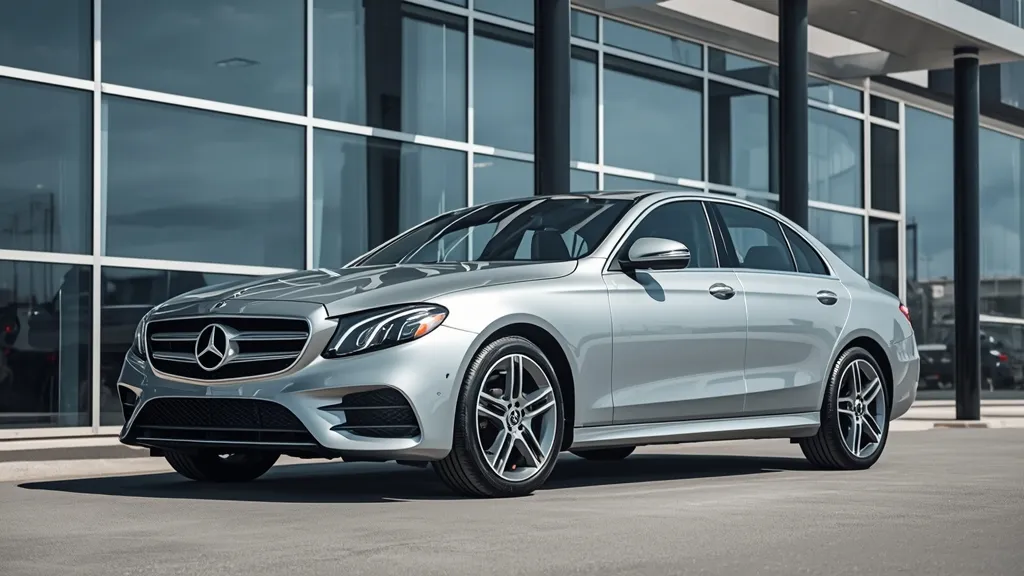 Elegant silver Mercedes E350 W213 sedan parked outside a modern building, showcasing its sleek design.
