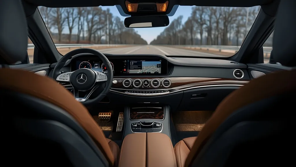 Luxurious interior of a Mercedes E350 W213 with the widescreen cockpit and premium leather seats.