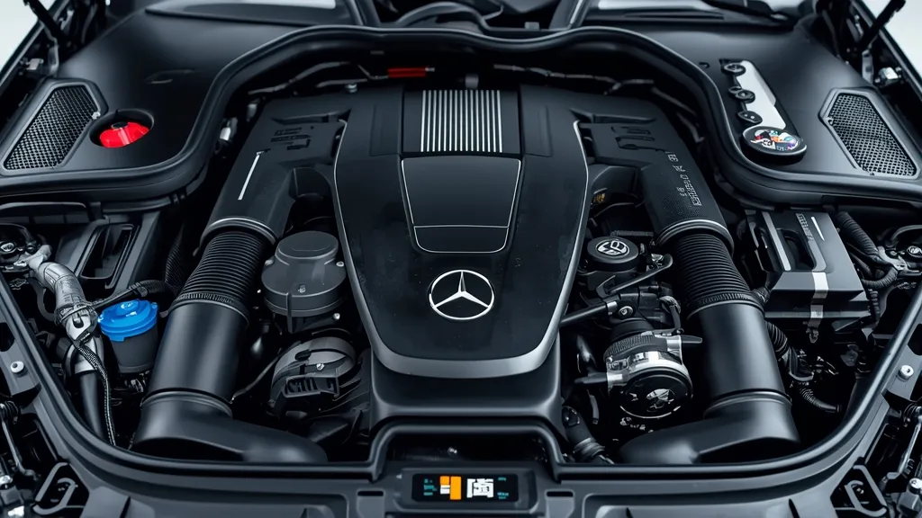 The M264 turbocharged 2.0-liter engine in a Mercedes E350 W213 engine bay, clean and well-maintained.