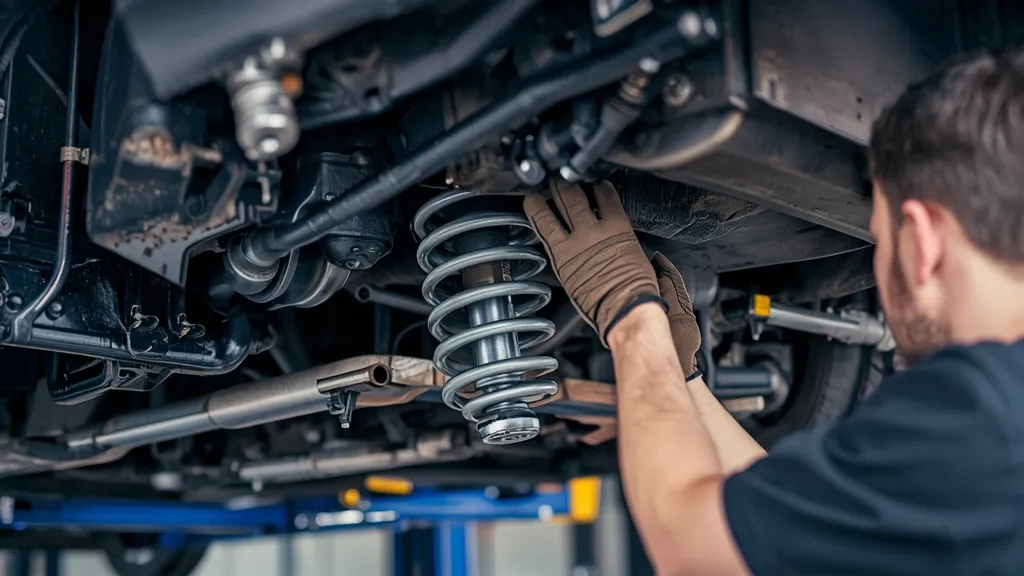 Mechanic inspecting the air suspension components under a Mercedes E350 W213 for potential issues and cost.