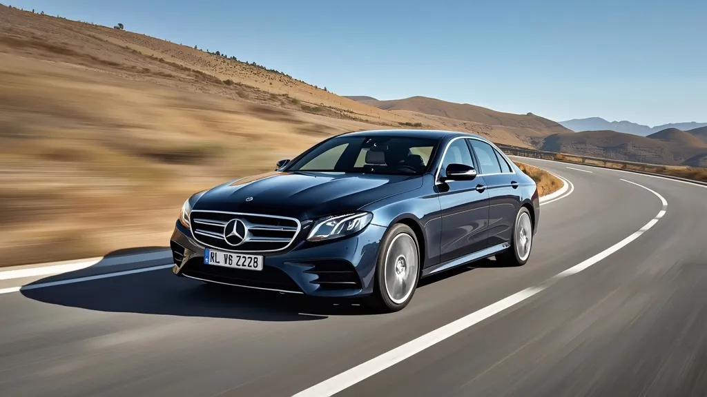 Mercedes E350 W213 driving smoothly on a scenic highway, showcasing its refined performance and comfort.