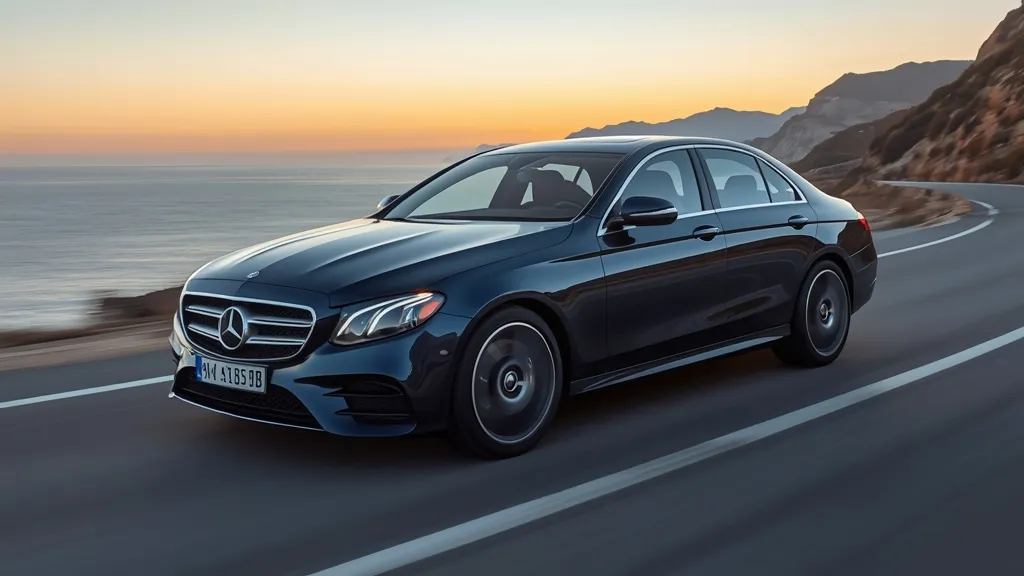 Mercedes E400 4MATIC sedan driving gracefully on a winding coastal road, showcasing its luxury and performance.