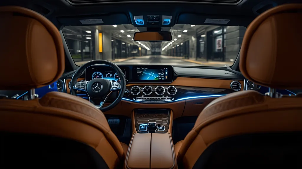 Luxurious interior of a Mercedes E400 4MATIC, highlighting dual screens, premium leather, and ambient lighting.