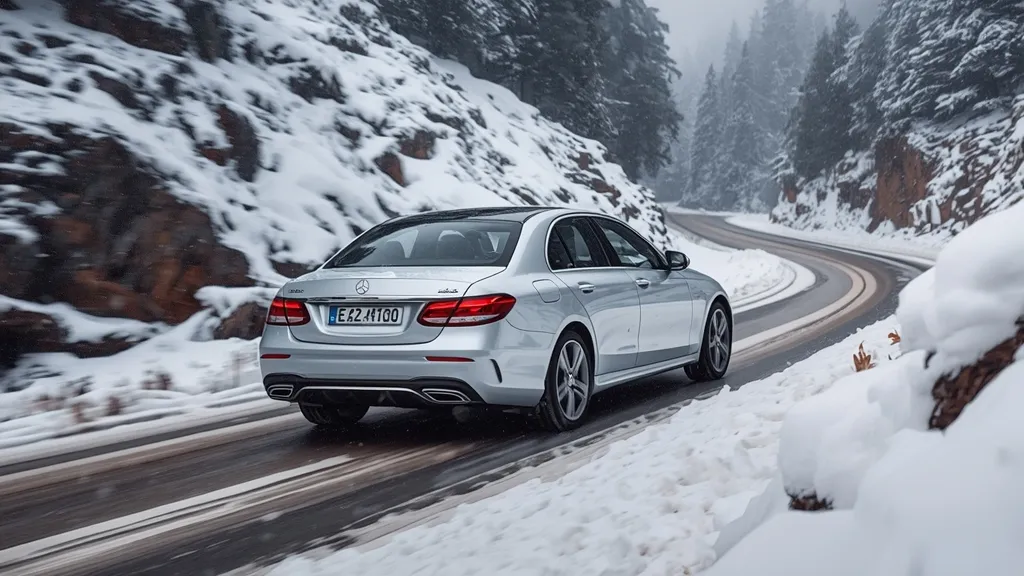 Mercedes E400 4MATIC navigating a snowy mountain road, demonstrating superior 4MATIC all-wheel-drive capability.